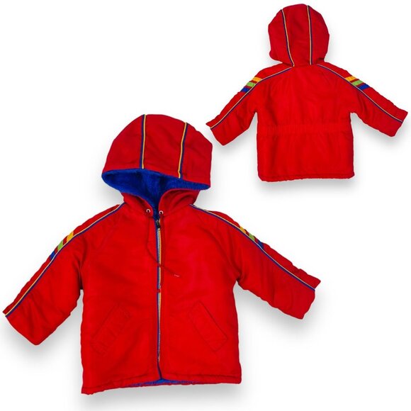 Vintage Toddler 70s - 80s Color Block Fuzzy Lined Hooded Winter Coat 2T / 3T
